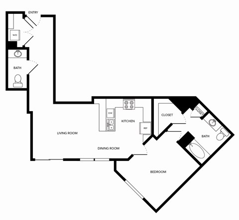 Floor plan for 1 bed, 1 bath, 722 sqft